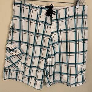 Bluei plaid board shorts white black blue size 38” waist